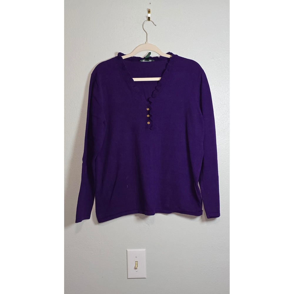 Lauren Ralph Lauren Purple Ruffle V-Neck Henley Sweater 2X Cotton Knit Top - Picture 2 of 8